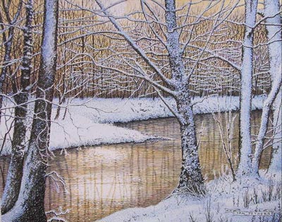 Winter Stream - ink and watercolour by Ian Pethers of Glenrock Studio