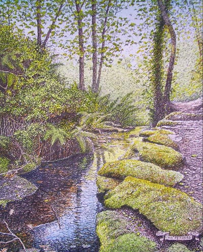 Danescombe Wood, Cornwall - an ink and watercolour by Ian Pethers